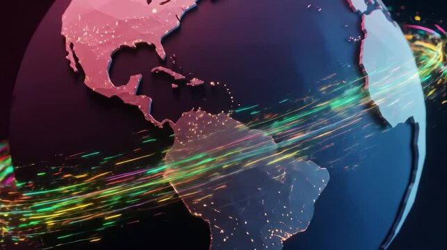 Global data traffic and internet connectivity routes over Earth map