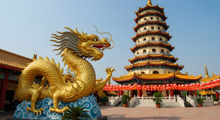Fototapeta premium Golden Dragon Statue in Front of Traditional Asian Pagoda