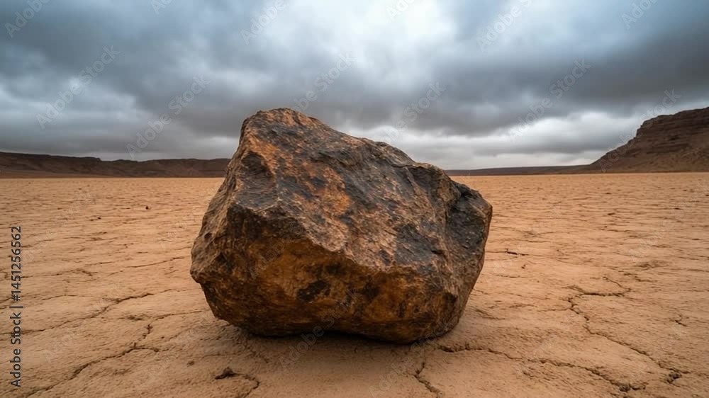 Poster a lone brown rock sits in a cracked desert landscape under a dramatic cloudy sky. the image captures
