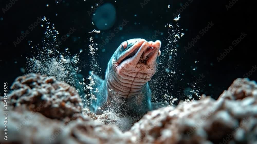 Poster close up of a snake-like creature emerges from sand with water splashes against a dark background. t