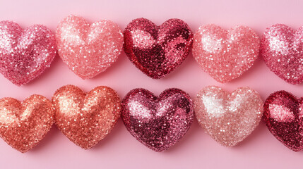 Fototapeta premium Glittery pink and red hearts arranged in two rows on pastel pink background create romantic and festive atmosphere. sparkling texture adds touch of glamour