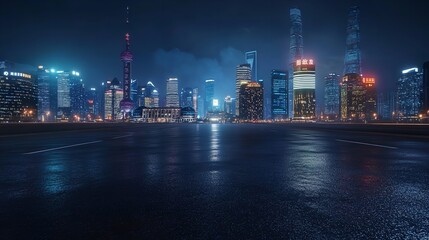 Stunning Night Cityscape Modern Skyline Vibrant Lights Urban Scene Dramatic Dark Blue Nighttime City