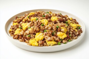 Delicious plate of fried rice with scrambled eggs and peas, served on a white dish