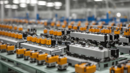 Obraz premium A row of assembly line machines. The photo is from Adobe Stock, and shows equipment used in a mass production assembly line.