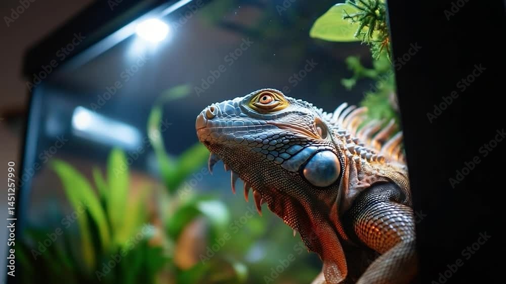 Poster close-up of animal's head with focus on eye and texture inside a vivarium. green plants and a bright