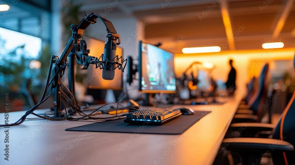 Poster Close-up of a gaming setup with a microphone and keyboard on a long wooden table. Displays and chairs are in the background. Warm, orange lighting creates a modern atmosphere