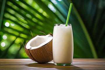 Refreshing Coconut Water Tropical Drink in Natural Shell