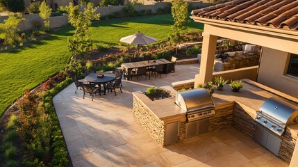 Luxury outdoor living space with built-in grill and stylish patio furniture