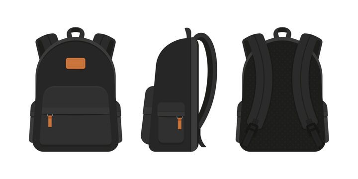 Black backpack in front, side, and back views. Back to school, education, travel, and urban lifestyle bag concept. Flat vector illustration isolated on white background. 