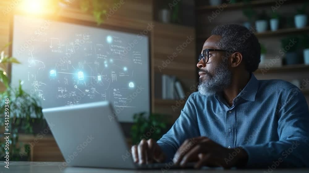 Aufkleber thoughtful professional man in glasses working on laptop with futuristic whiteboard in the backgroun