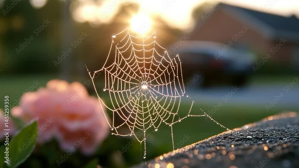Fototapete A delicate spiderweb glistens with morning dew illuminated by the soft light of dawn in a garden setting with flowers and a blurred background