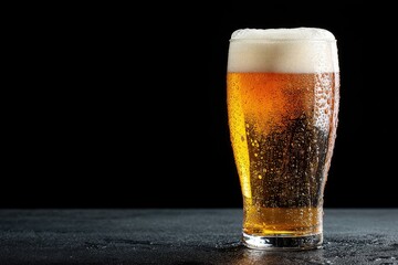 Close-up of cold beer with condensation and foam against black background, ideal for brewery ads, beverage posters, or nightlife promotions