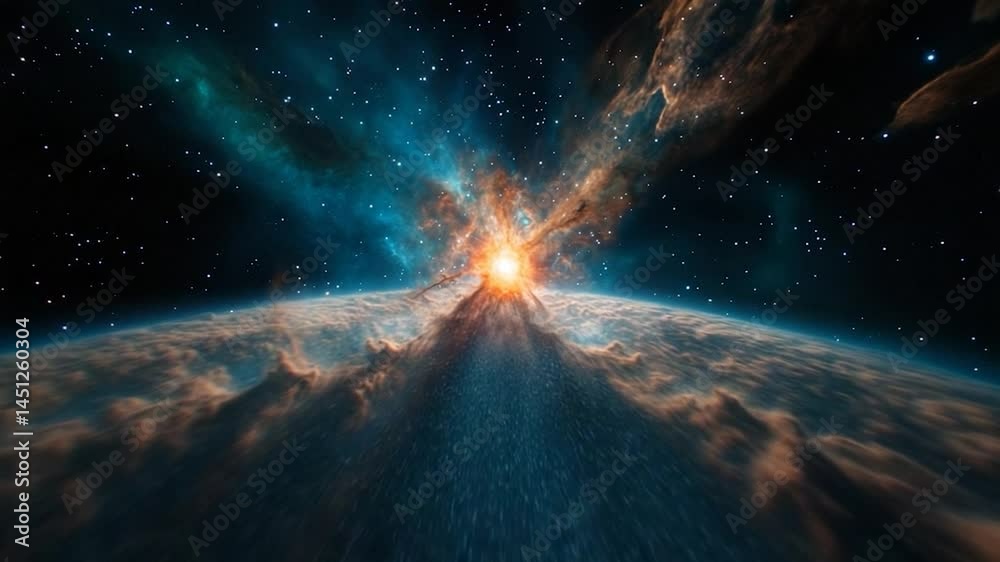 Leinwandbilder cosmic view showing star-filled expanse with nebulae explosion and earth-like planet below in dark a
