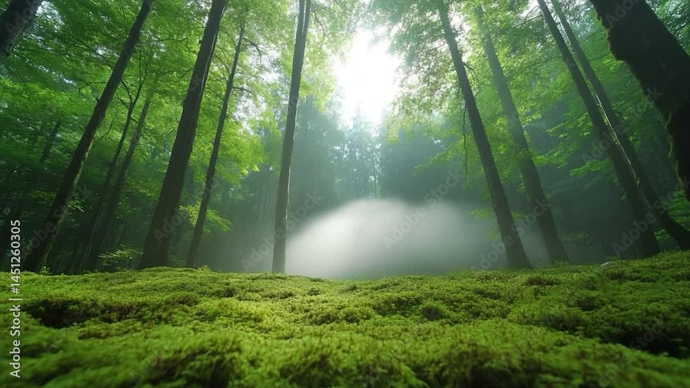 Fototapete lush green forest with tall trees and soft moss. sunlight filters through the canopy creating a mist