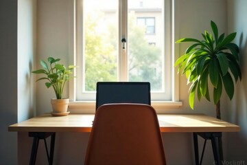 Fototapeta premium Empty chair at desk facing laptop, plant, window, learning, home office, self isolation