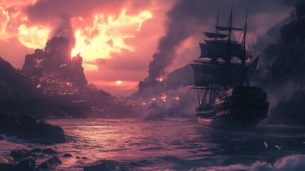 Obraz premium Crimson Sunset, Burning City, and Lone Galleon