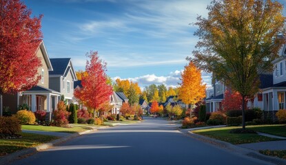 Obraz premium Autumnal Residential Street in Suburbia: A picturesque view of houses and vibrant fall foliage.