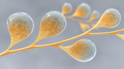 Artistic macro shot of a plant structure featuring translucent spheres and intricate veins.