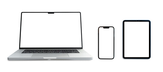 Set of smart devices smartphone, tablet and laptop with blank screen isolated on transparent...