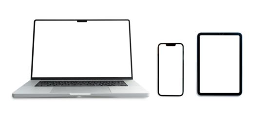 Set of smart devices smartphone, tablet and laptop with blank screen isolated on transparent background, PNG Format