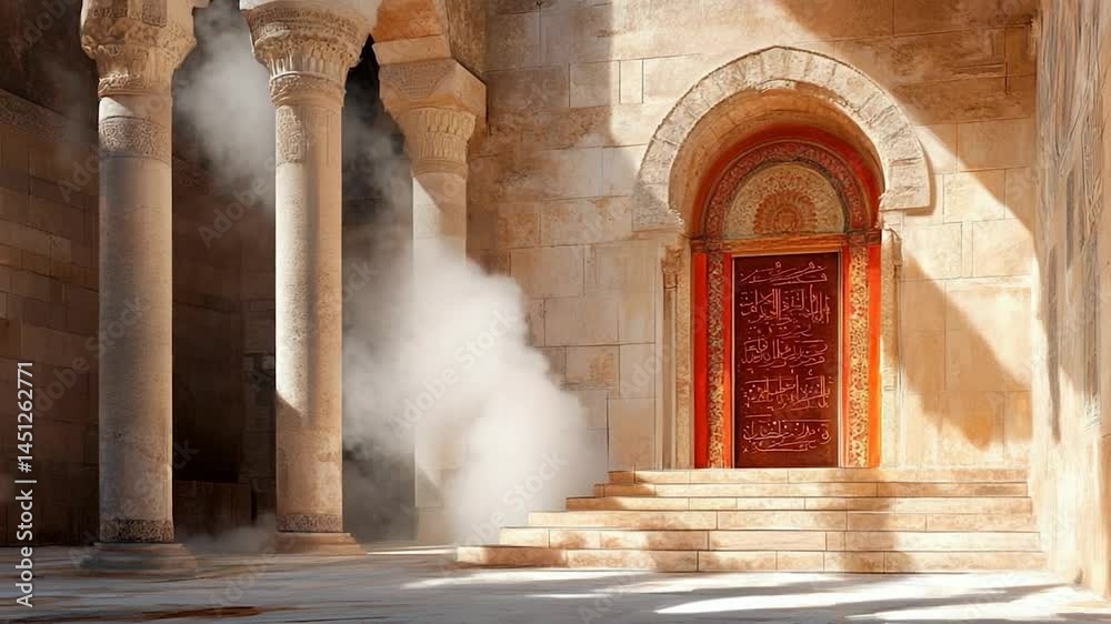 Aufkleber An architectural scene featuring a detailed doorway with calligraphy and stairs. Smoke or mist drifts through an open-air courtyard with columns and stone walls creating depth and atmospheric