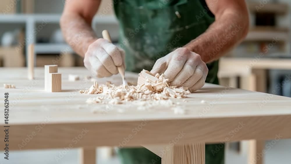 Poster Close up shot of a worker working on wood. The hands are visible using a carving tool. Sawdust on the wooden table. The worker wears a green apron and gloves