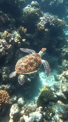 Obraz premium A sea turtle swimming through coral reefs