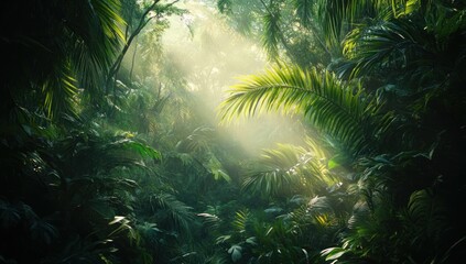 Lush Rainforest: Sunbeams Filtering Through Emerald Canopy