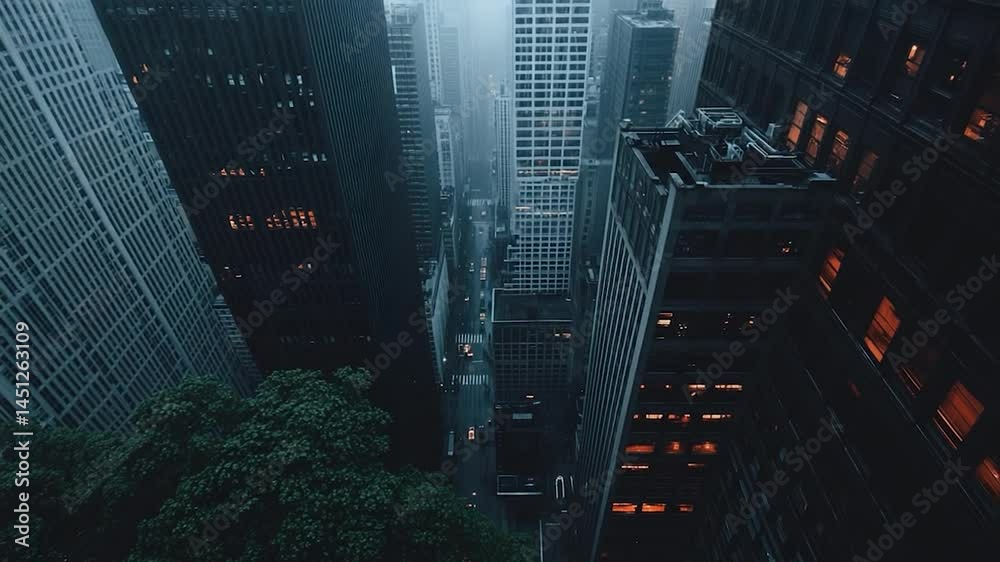 Poster high angle cityscape view with skyscrapers in a foggy setting. dark teal toned buildings with warm l