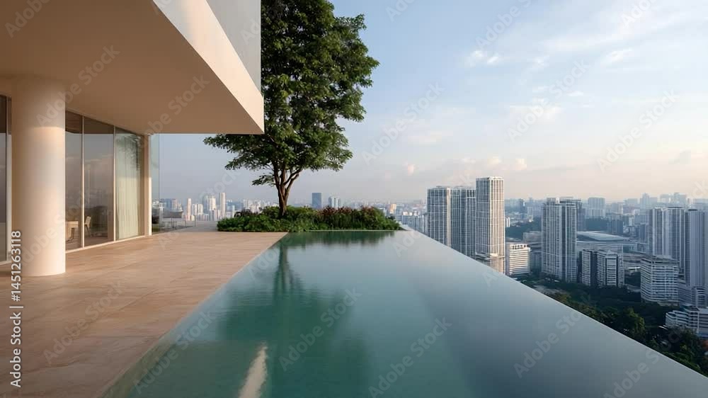 Aufkleber luxury modern building with infinity pool overlooking city skyline green tree and plants and sky. co