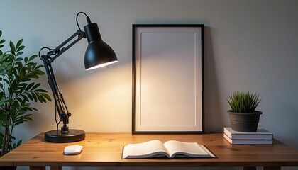 A cozy workspace with a desk lamp, open book, potted plant, and an empty frame on the wall for creative inspiration, 3D render.