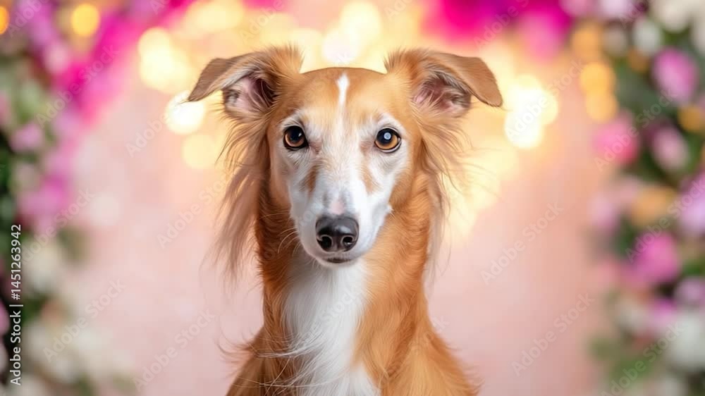 Poster portrait of a dog with brown and white fur with flower bokeh background and soft lighting