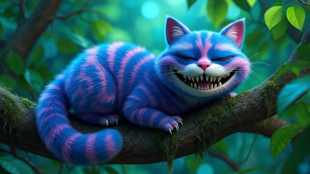 Cheshire cat grins mischievously, displaying a wide smile for Alice in Wonderland. Suitable for childrens book illustrations or fantasy themes.