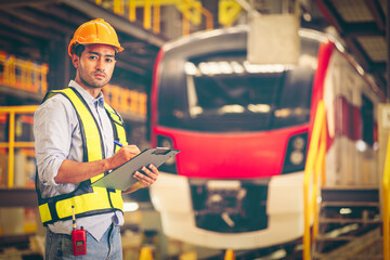 Electric train technician engineer with blueprint checking controls system for security functions...