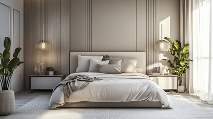 Elegant bedroom interior with natural light and minimalist design details