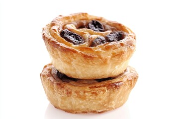 Deliciously baked pastry tart with rich chocolate filling stacked on a clean white background