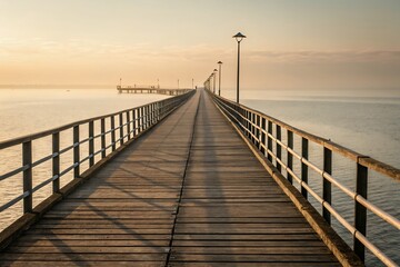 Obraz premium Serene Sunrise Long Wooden Pier Extending into Calm Ocean Waters