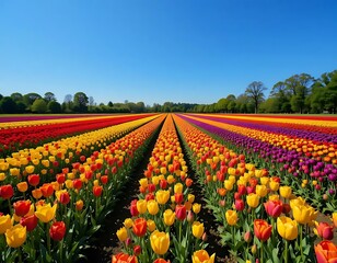 Fototapeta premium A vibrant field is filled with rows of colorful tulips against a clear blue sky on a sunny day.