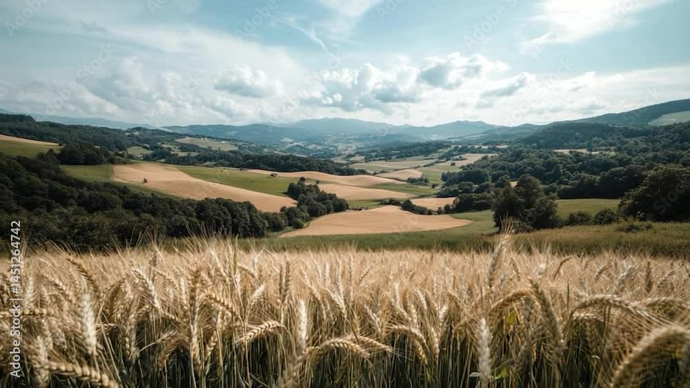 Leinwandbilder Scenic landscape featuring a wheat field in the foreground rolling hills forests and mountains under a partly cloudy sky creating a tranquil scene
