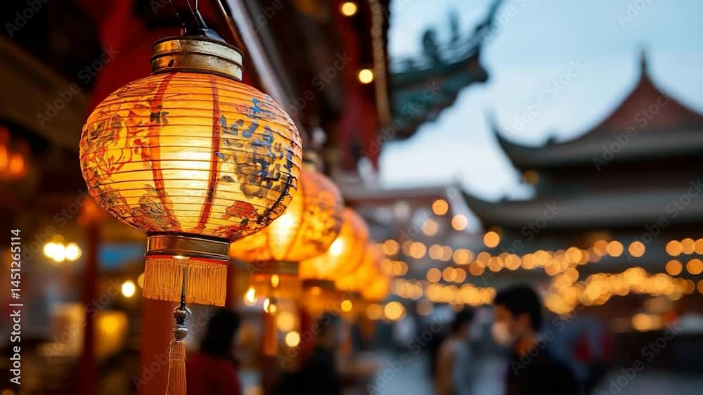Aufkleber Close-up of illuminated orange lanterns with decorative patterns hanging in a row with blurred background of buildings and bokeh lights