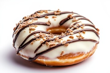 Fototapeta premium Deliciously decorated donut with chocolate drizzle and crunchy toppings on a white background