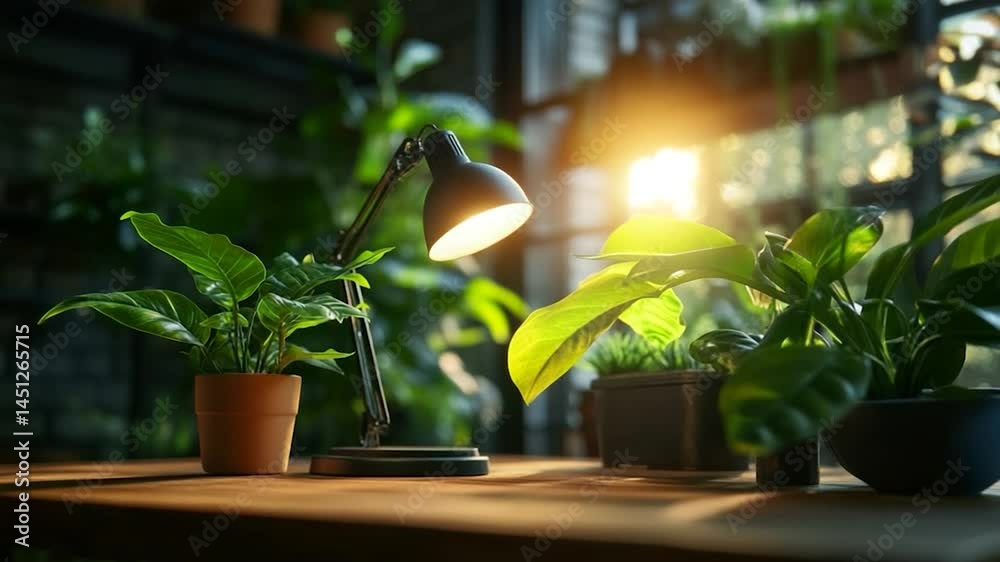 Aufkleber a still life scene features potted green plants on a wooden table illuminated by a desk lamp and sun
