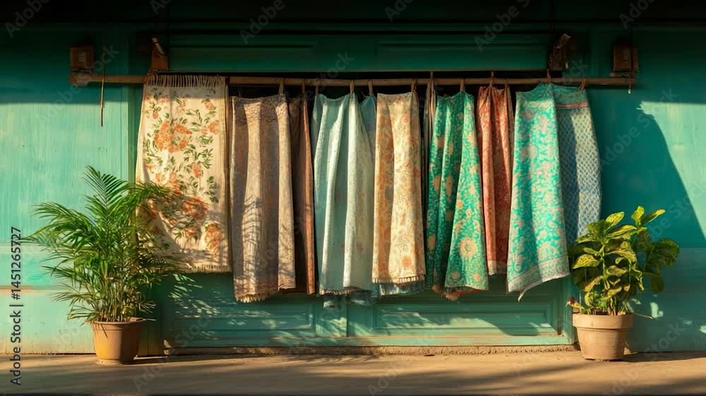 Poster colorful fabrics hanging on a turquoise wall with potted plants creates a vibrant scene in the sun l