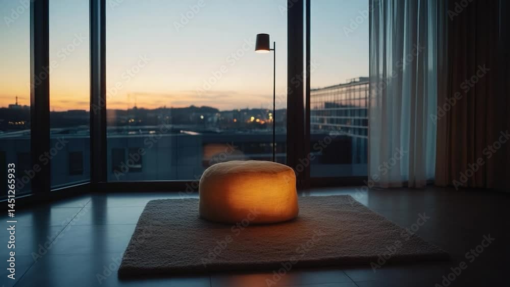 Aufkleber interior sunset view with illuminated ottoman on a rug near a panoramic window. a minimalist floor l