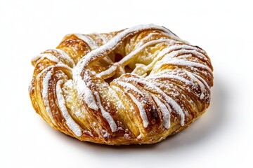 Fototapeta premium Deliciously flaky pastry topped with powdered sugar, isolated on a white background