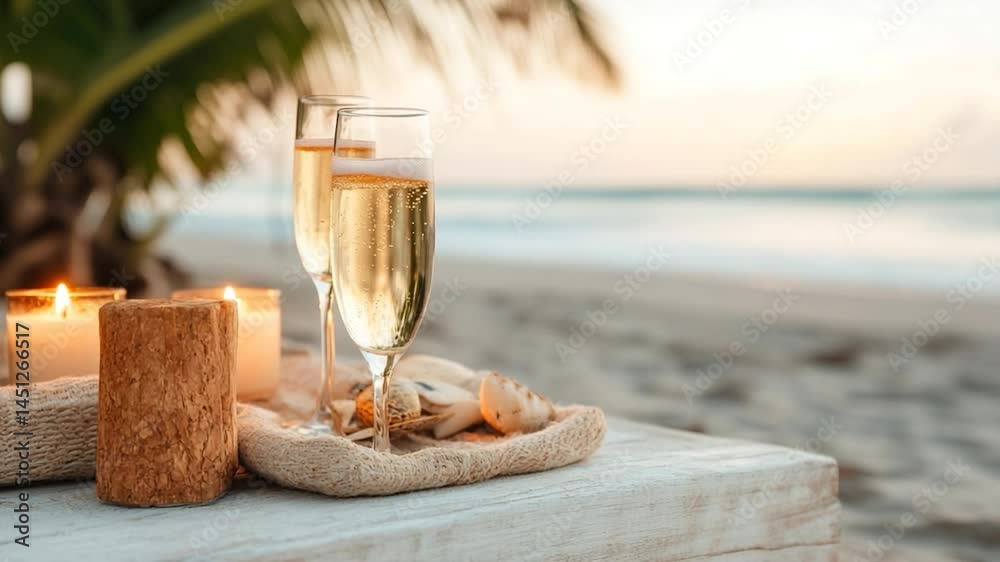 Aufkleber romantic beach scene with two champagne flutes and lit candles on a wooden table with seashells palm