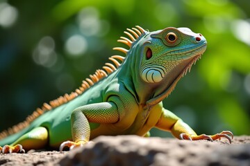 Obraz premium close-up of a vibrant green iguana basking on a sunlit rock, intricate scaly texture, sharp spines, lush tropical background