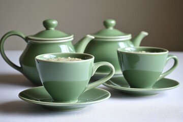Fototapeta premium Elegant green tea set with cups and teapot arranged on a table against a soft background