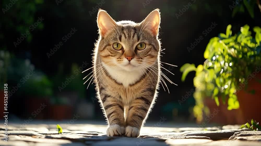 Aufkleber A tabby cat walking towards the camera outdoors. It is a front view with sunlight in the background and greenery on both sides. The cat has a white chest and a curious look