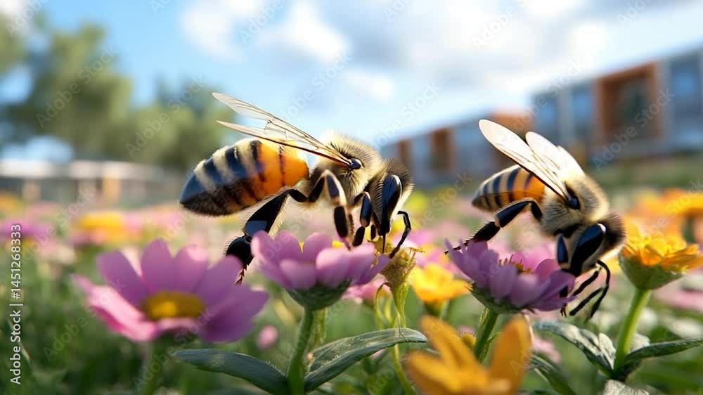 Aufkleber Close-up view of two bees collecting nectar from vibrant pink and yellow flowers under a bright blue sky. The scene is set in a field with blurred background of buildings and trees